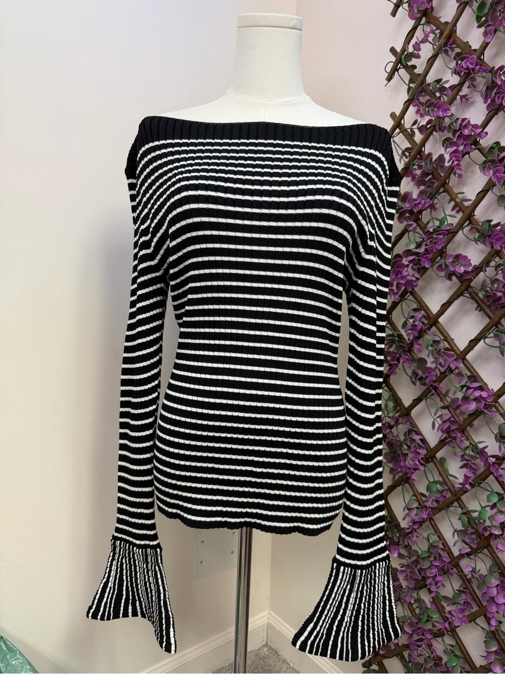 NWT White House Black Market Black & White Striped  Bell Sleeve Sweater
